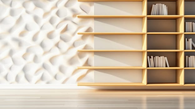 Empty modern bookshelves stand against a textured white wall in a contemporary interior design, creating a minimalist and stylish space