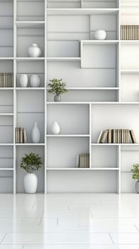 White bookshelf with decorative plants and vases in a modern, minimalist room