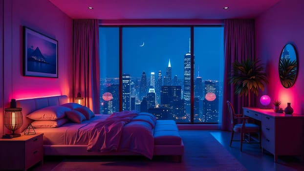 Bedroom interior with large window and night cityscape with neon lights.