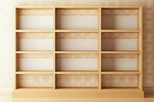 Modern empty wooden bookcase standing in room with ornate wallpaper