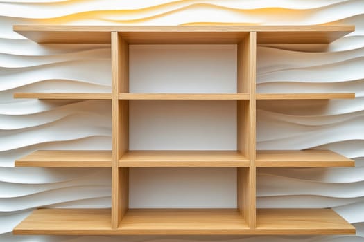 Modern and stylish empty wooden bookcase hanging on a textured white wall, creating a minimalist and organized space