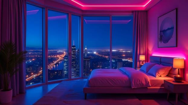 Bedroom interior with large window and night cityscape with neon lights.