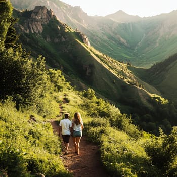 A couple enjoys a scenic hike through lush green mountains, embracing nature's beauty and adventure.