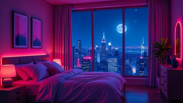 Bedroom interior with large window and night cityscape with neon lights.