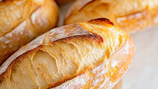 Freshly baked loaves of bread highlight the golden crust and airy texture, capturing the essence of homemade baking