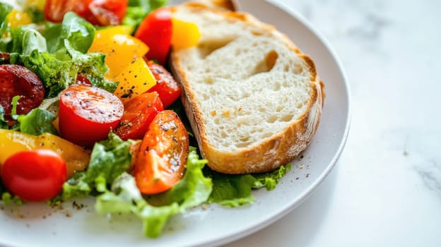 Delicious and healthy salad with grilled sausage, tomatoes, bell peppers and a slice of bread, perfect for a light meal