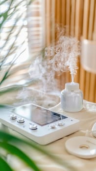 Small humidifier generating steam next to a smart home control panel and a houseplant, promoting a comfortable and healthy indoor environment