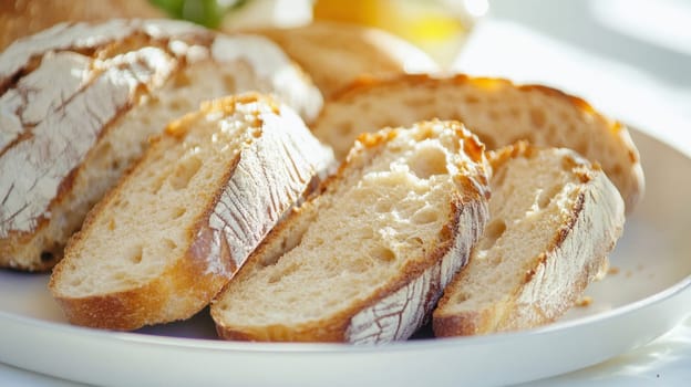 Sliced loaf of bread resting on white ceramic plate illuminated by sunlight