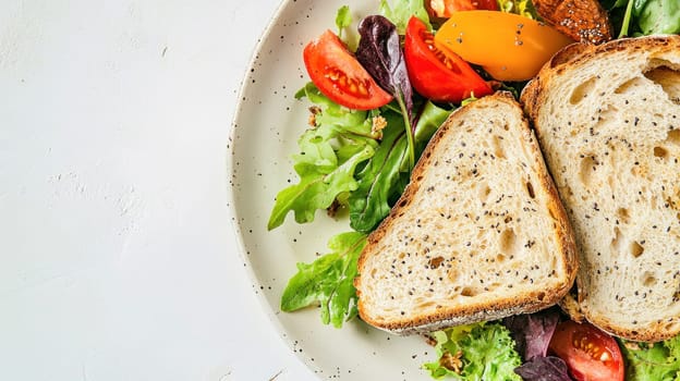 Healthy vegan lunch with whole grain bread, tomatoes, and mixed greens salad promoting a balanced diet