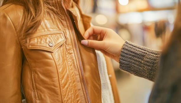 Salesperson assisting customer choosing brown leather jacket in clothing store