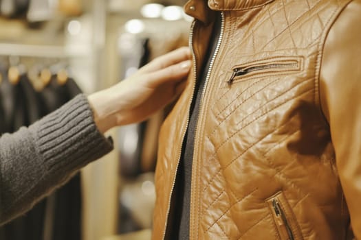 Customer checking quality of brown leather jacket in fashion store