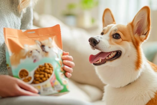Happy welsh corgi pembroke looking at owner holding bag of dog food