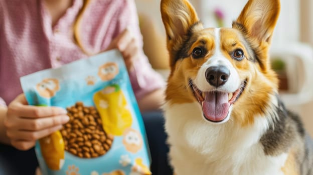 Happy welsh corgi pembroke looking at owner holding bag of dog food