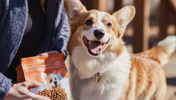 Woman holding dry dog food and feeding a happy welsh corgi pembroke outdoors