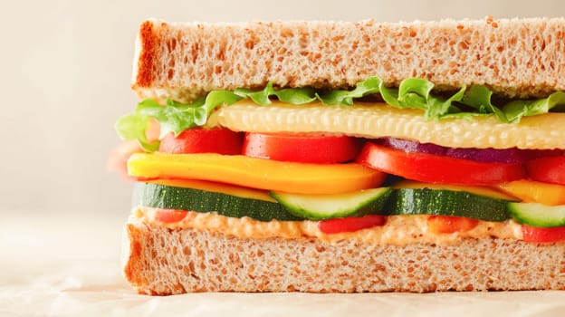 Whole wheat sandwich is filled with various fresh vegetables, including lettuce, tomato, zucchini, yellow bell peppers, and cheese, promoting healthy eating