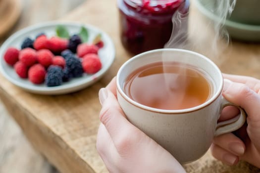 Woman enjoying a relaxing moment with a cup of hot tea, berries, and jam