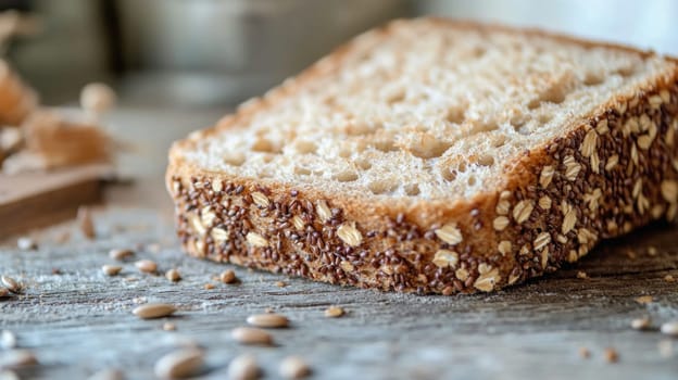 Close up of multigrain bread slices showcasing seeds and texture, placed on a wooden surface