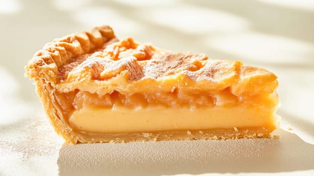 Slice of apple pie showing the filling and the crust, sprinkled with icing sugar, resting on a white surface