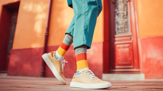 Close up of men's feet wearing trendy colorful striped socks and beige sneakers walking along city street