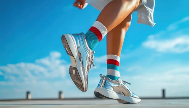 Close up of woman legs wearing silver sneakers and colorful striped socks running on rooftop on sunny day