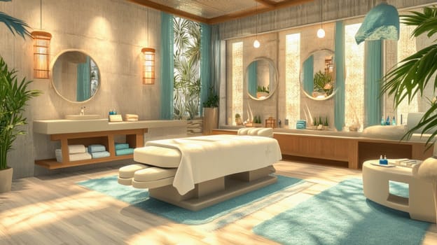 Elegant spa room with massage table, sink, and natural light creating a relaxing atmosphere