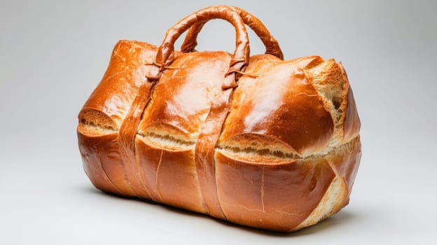 Freshly baked golden brown bread loaf resembling a travel bag, showcasing baking creativity
