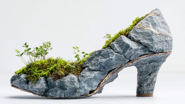 Stone high heel shoe with growing grass and plants, symbolizing nature reclaiming urban spaces