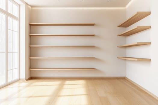 Minimalist interior design featuring empty wooden shelves on a white wall in a sunlit room