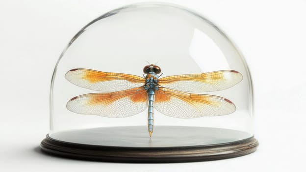 Orange and blue dragonfly preserved under glass dome on a white background, entomology and wildlife conservation concept