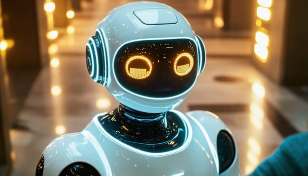 Cute white robot with glowing eyes exploring a futuristic neon lit environment