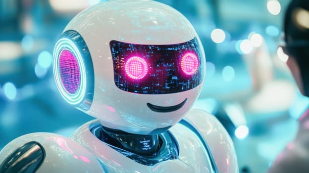 Humanoid robot showing data processing with glowing pink eyes in a futuristic environment