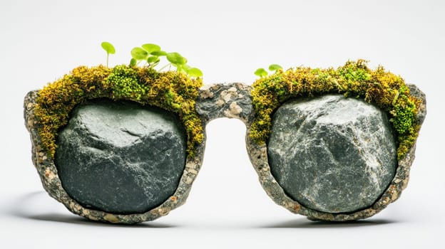 Eyeglasses frame made of stone and concrete, decorated with living moss and plants, promoting eco friendly design