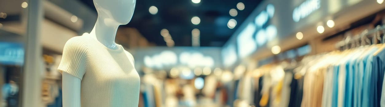 A woman's mannequin stands in front of a clothing store. High quality photo