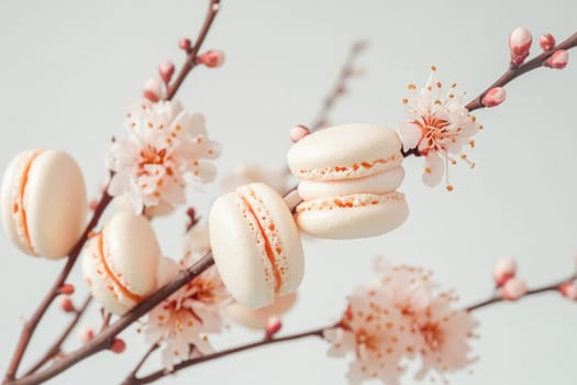 Delicious almond french macarons hanging on a flowering branch creating a beautiful spring composition