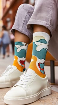 Stylish woman showcasing trendy colorful socks paired with white sneakers while sitting in a vibrant urban environment