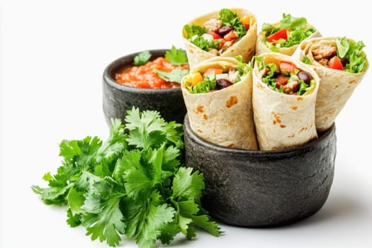 Delicious chicken burritos with salsa dip and cilantro leaves, embodying mexican cuisine