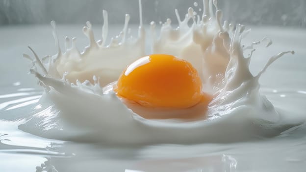 Egg yolk creates a splash as it falls into milk, forming a crown shape