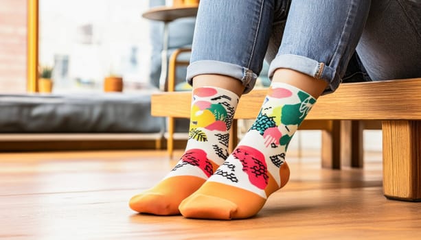 Woman sitting on wooden bench showing off colorful, patterned socks in modern apartment