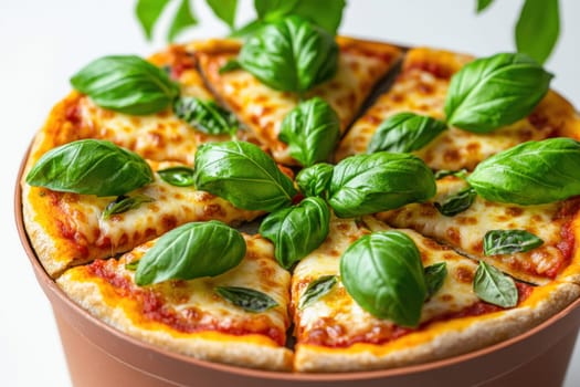 Sliced pizza with tomato, mozzarella cheese and basil leaves, served in a terracotta pot