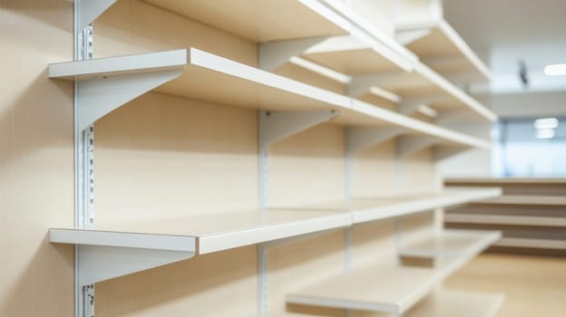 Empty shelves in a retail environment ready to be stocked with merchandise