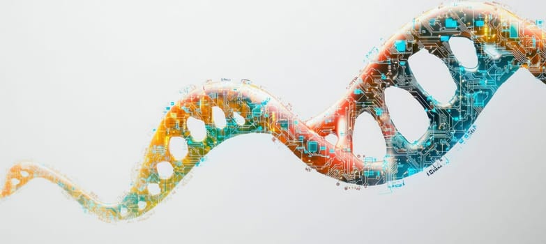 Colorful dna strand forming double helix with electronic circuitry, suggesting genetic engineering and biotechnology