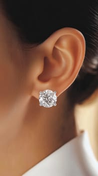 Close up of a woman's ear wearing a sparkling diamond earring, adding a touch of elegance