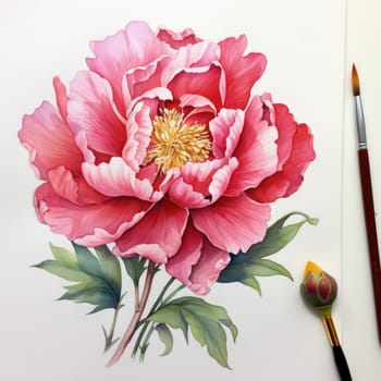 Lush pink peonies painted in watercolor, with soft petals, green leaves. For creating elegant, nature inspired design, invitation, gift wraps, interior decoration, home decor, print, greeting card