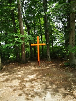 The bright orange cross is prominently positioned within a serene forest, surrounded by tall trees and dappled sunlight filtering through the leaves, creating a calming atmosphere.