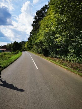 A curving rural road lined with vibrant green trees under a partly cloudy sky, reflecting the serenity of the countryside in the late afternoon.