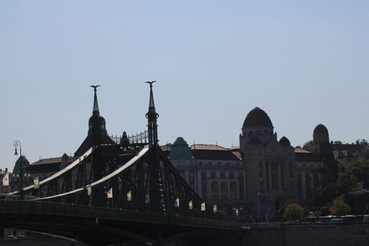 The Liberty Bridge showcases its intricate design along the Danube River as buildings provide a backdrop, creating a striking silhouette in late afternoon light.