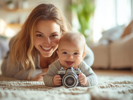 A woman is laying on the floor with a baby holding a camera. The baby is smiling and the woman is smiling back