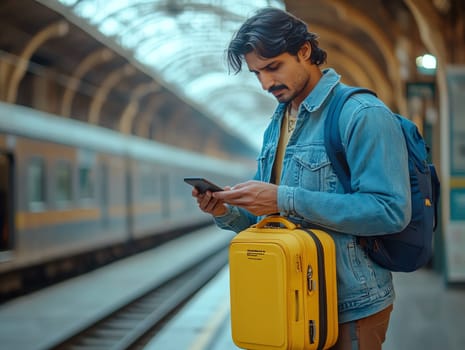 A man is standing at a train station with a yellow suitcase and a cell phone. He is looking at his phone