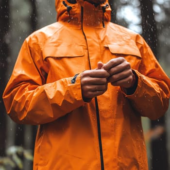 A man in an orange jacket is holding his hands. The jacket is waterproof and has a hood