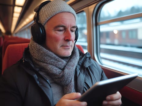 A man wearing a white hat and scarf is sitting on a train and using a tablet. He is wearing headphones